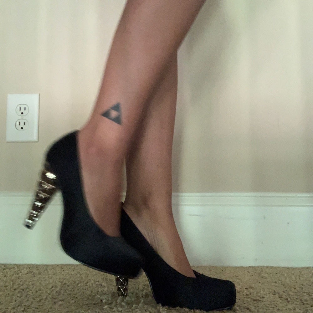 Unique Black Satin Heels with Silver Heel